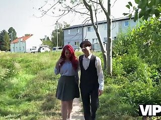 VIP4K. Sexy redhead Miss Olivia showed her red lingerie and fucked in public in front of her BF